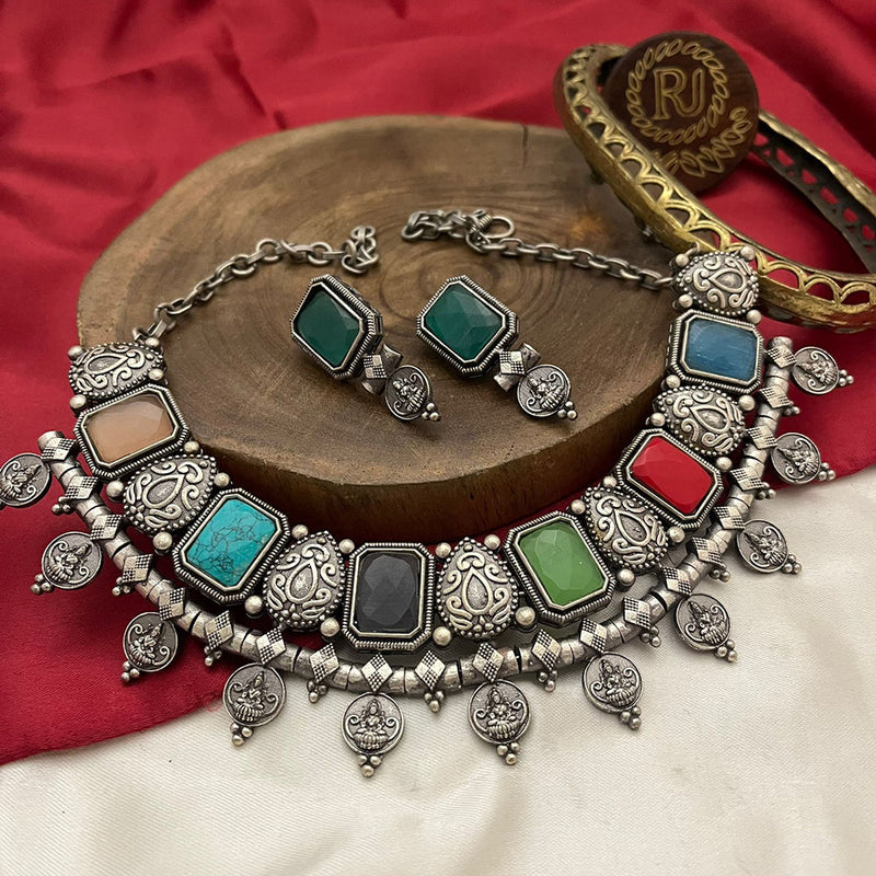 FS Collection Oxidised Plated Crystal Stone Temple Necklace Set