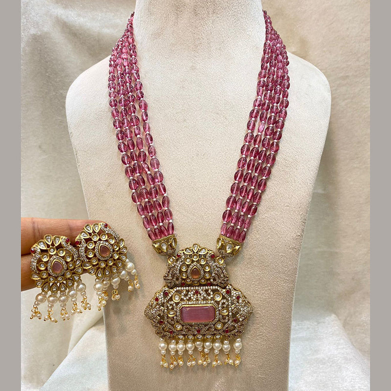 FS Collection Gold Plated Austrian Stone And Pearls Long Necklace Set