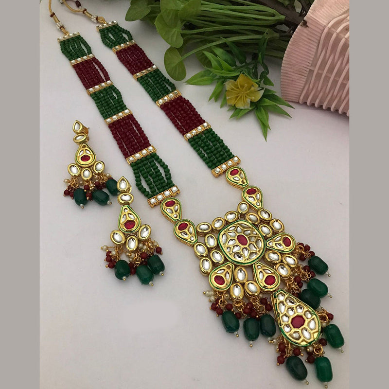 FS Collection Gold Plated Kundan Stone And Pearls Long Necklace Set