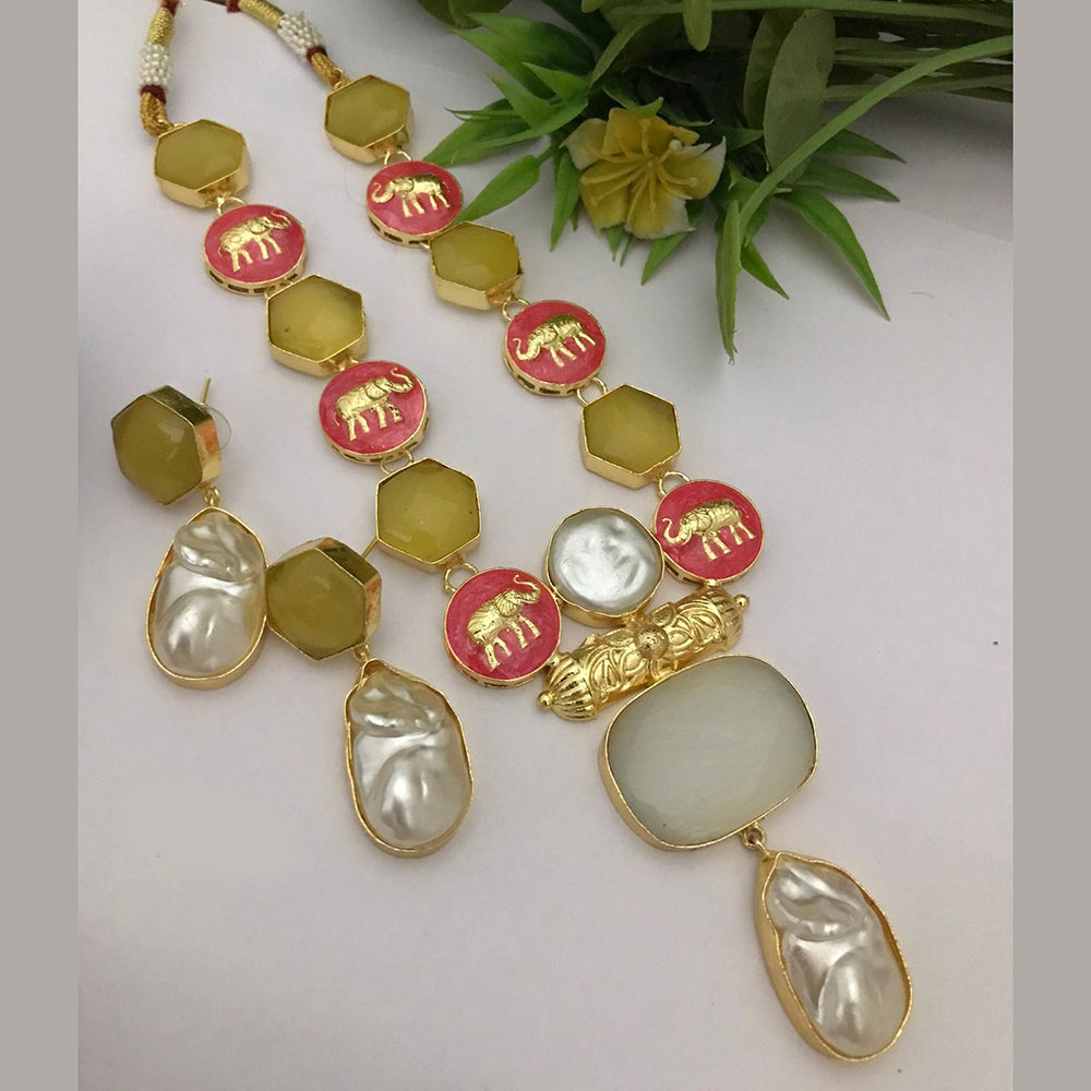 FS Collection Gold Plated Mother Of Pearls Elephant Style Necklace Set