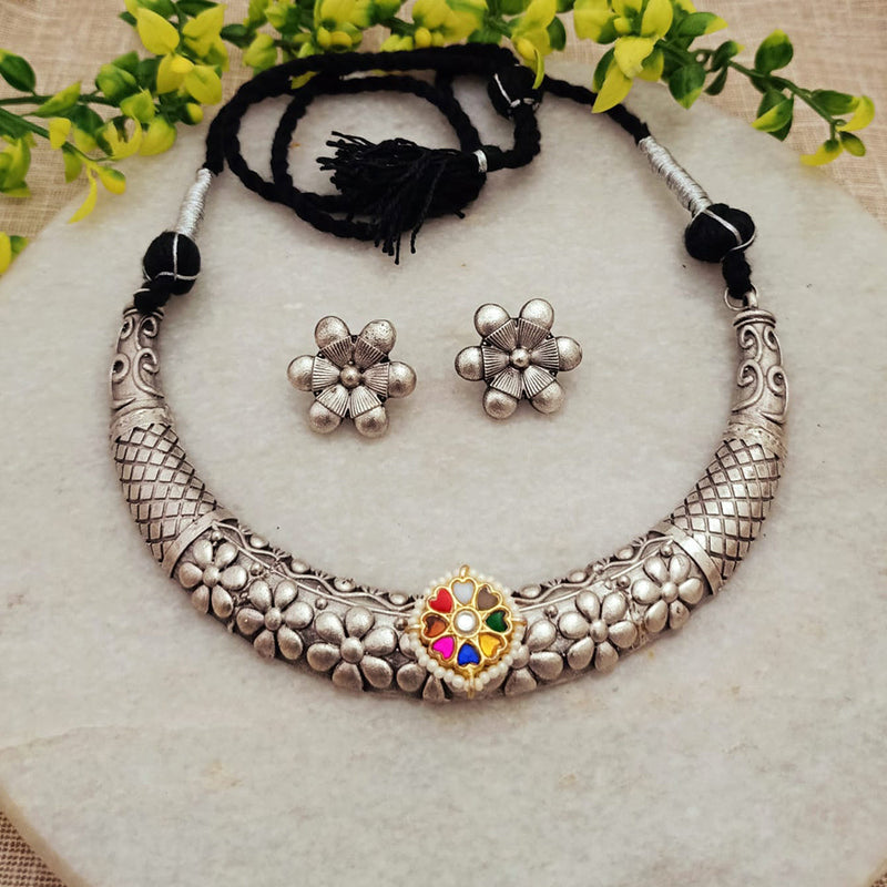 FS Collection Oxidised Plated Kundan Stone Pearls Necklace