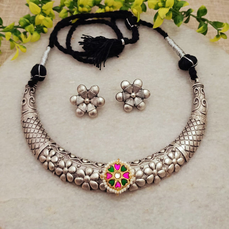 FS Collection Oxidised Plated Kundan Stone Pearls Necklace