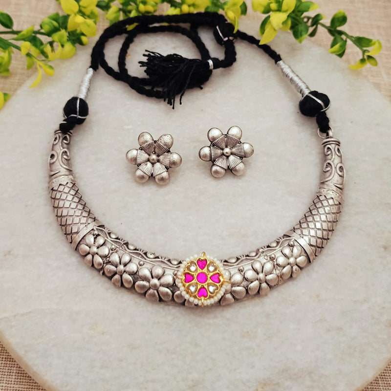 FS Collection Oxidised Plated Kundan Stone Pearls Necklace