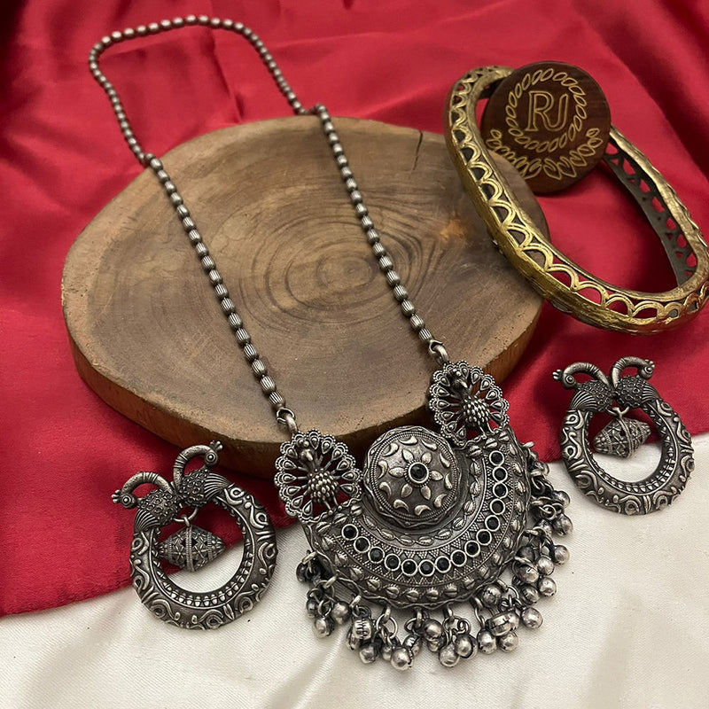 FS Collection Oxidised Plated Pota Stone Long Necklace Set