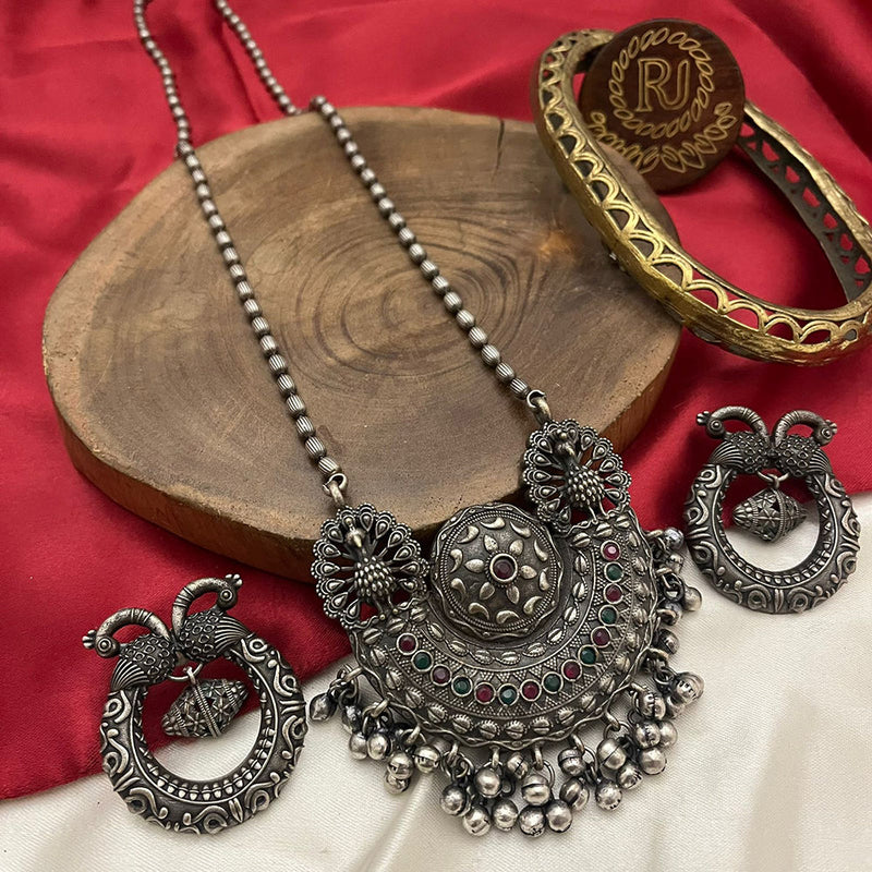 FS Collection Oxidised Plated Pota Stone Long Necklace Set