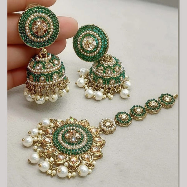 FS Collection Gold Plated Crystal Stone And Pearls Jhumki With Maangtikka