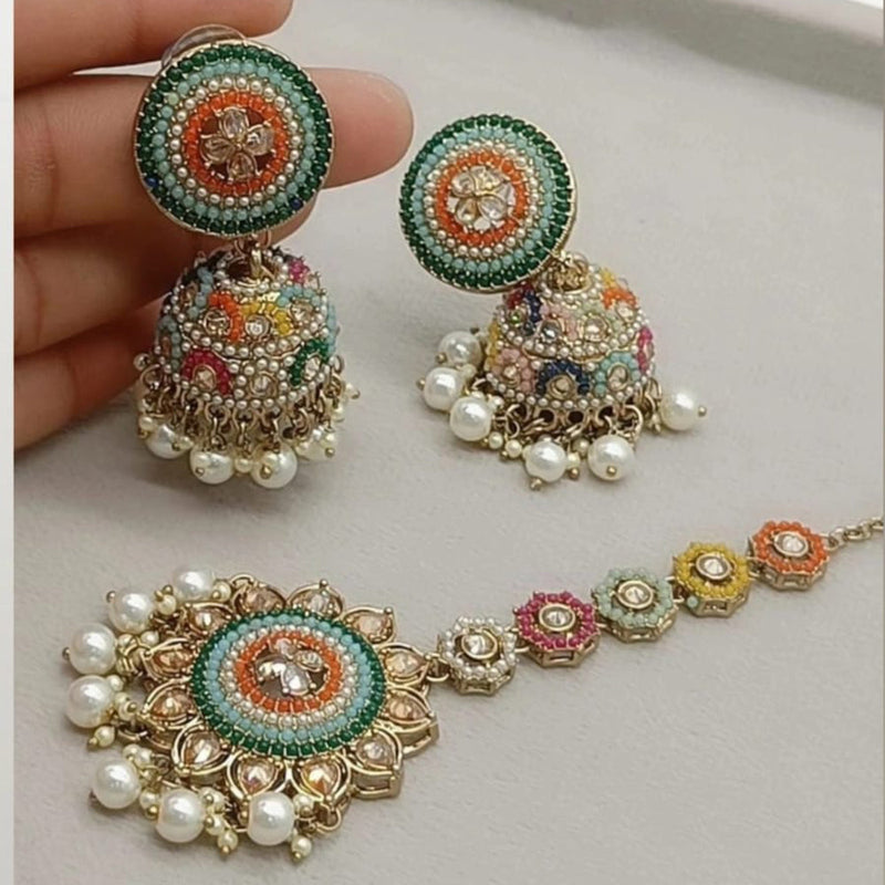 FS Collection Gold Plated Crystal Stone And Pearls Jhumki With Maangtikka