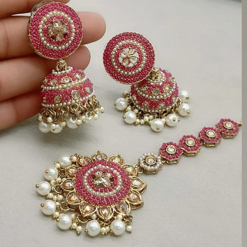 FS Collection Gold Plated Crystal Stone And Pearls Jhumki With Maangtikka