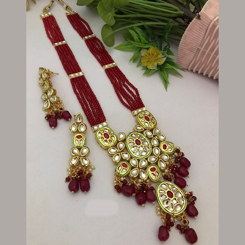 FS Collection Gold Plated Kundan Stone And Pearls Long Necklace Set