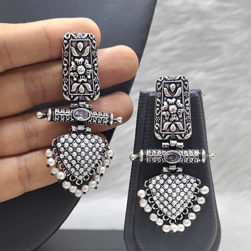 FS Collection Oxidised Plated Pota Stone And Pearls Dangler Earrings