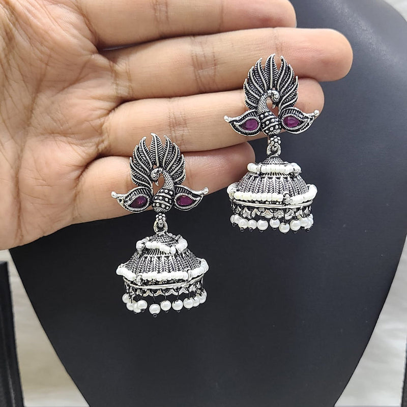 FS Collection Oxidised Plated Pota Stone And Pearls Jhumki