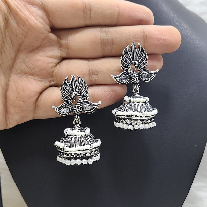 FS Collection Oxidised Plated Pota Stone And Pearls Jhumki