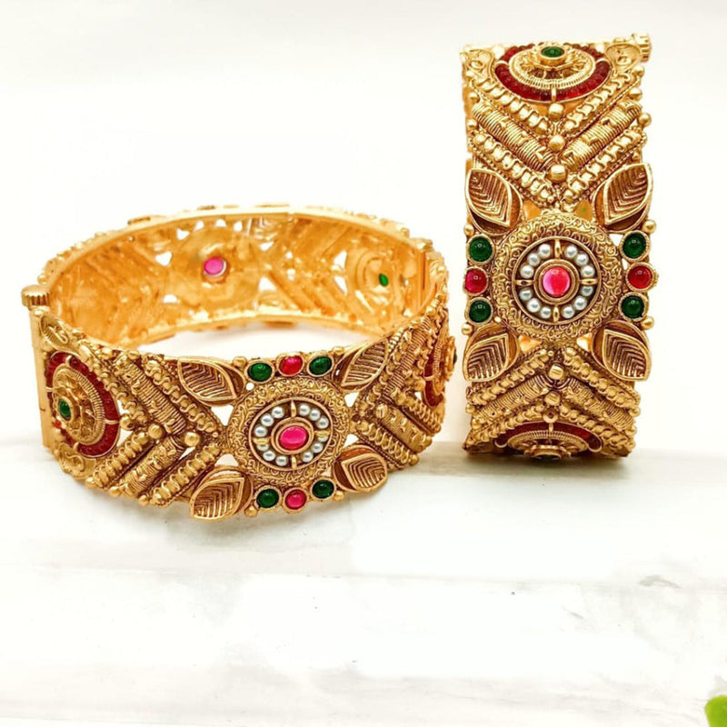 FS Collection Gold Plated Pota Stone And Pearls Openable Bangle Set