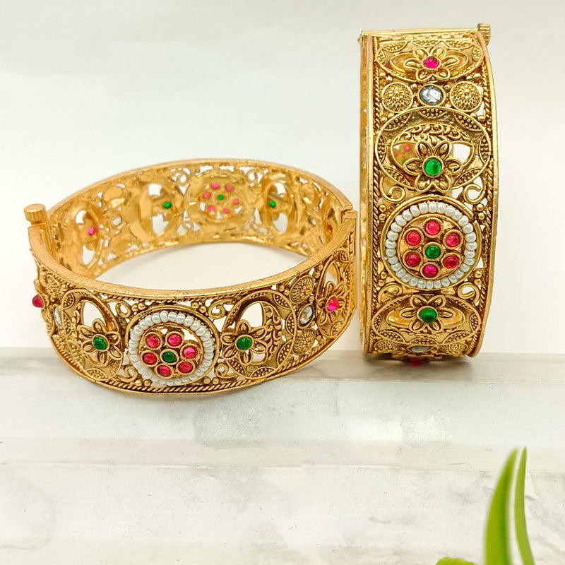 FS Collection Gold Plated Pota Stone And Pearls Openable Bangle Set