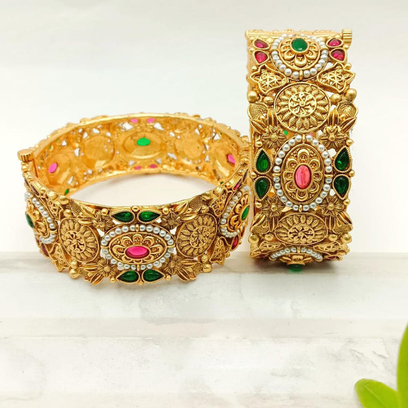 FS Collection Gold Plated Pota Stone And Pearls Openable Bangle Set