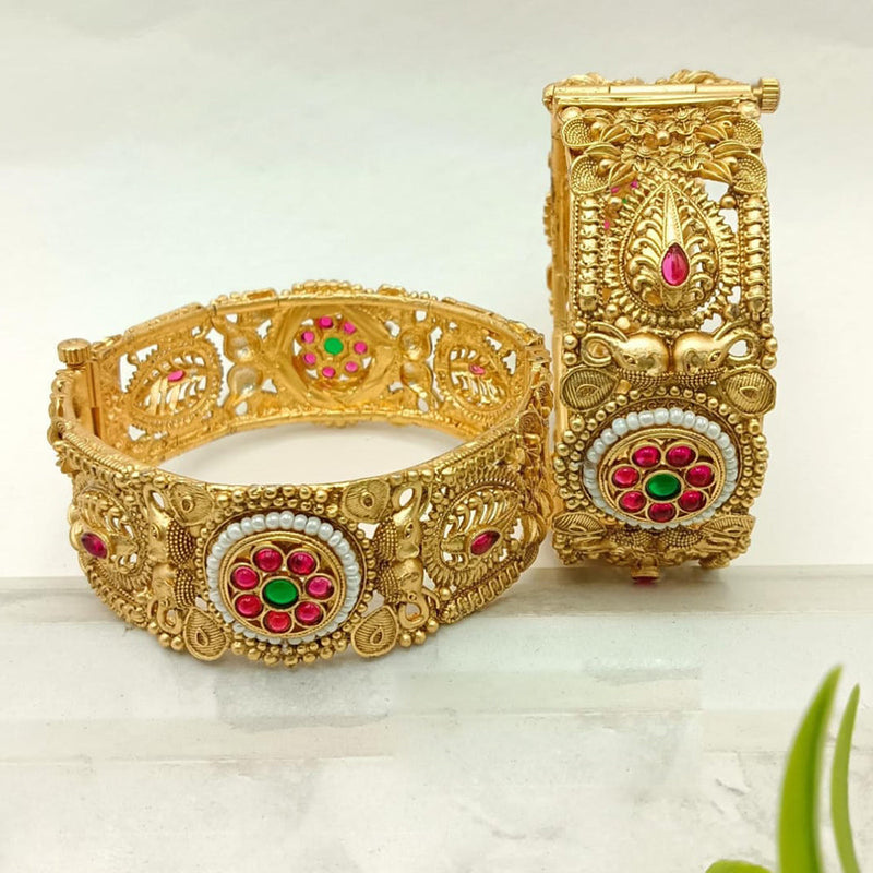 FS Collection Gold Plated Pota Stone And Pearls Openable Bangle Set