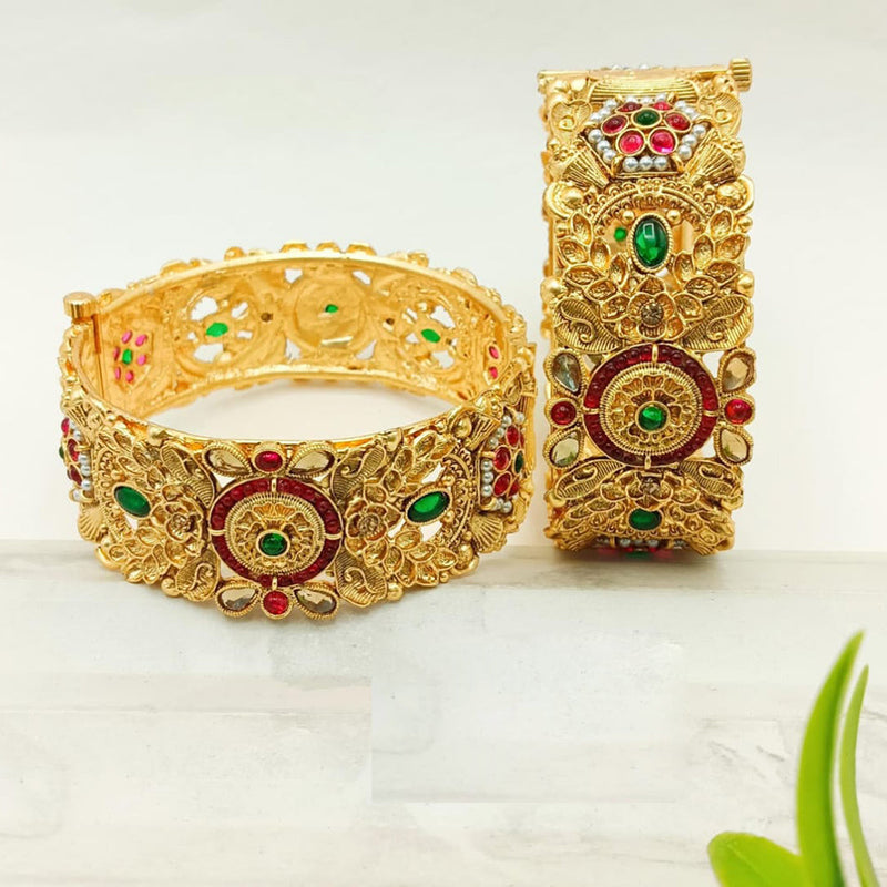 FS Collection Gold Plated Pota Stone And Pearls Openable Bangle Set