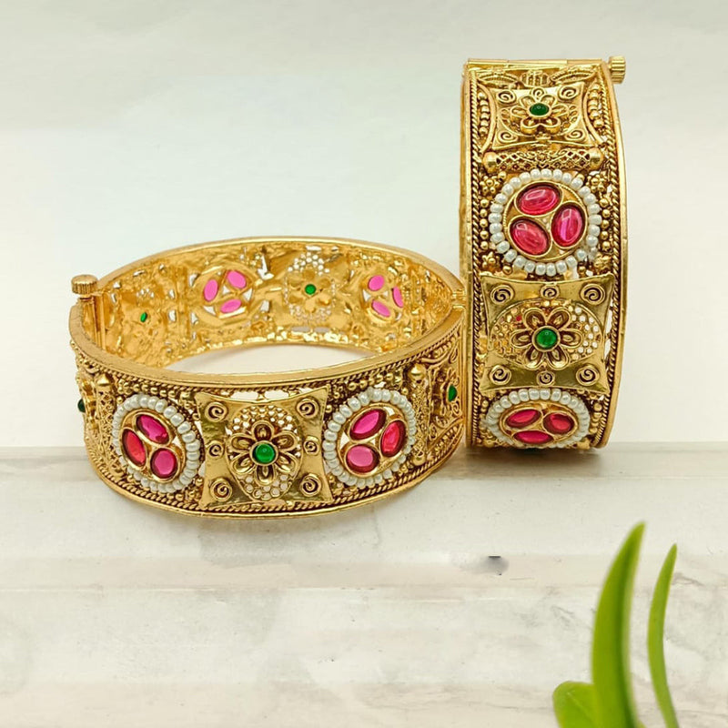 FS Collection Gold Plated Pota Stone And Pearls Openable Bangle Set