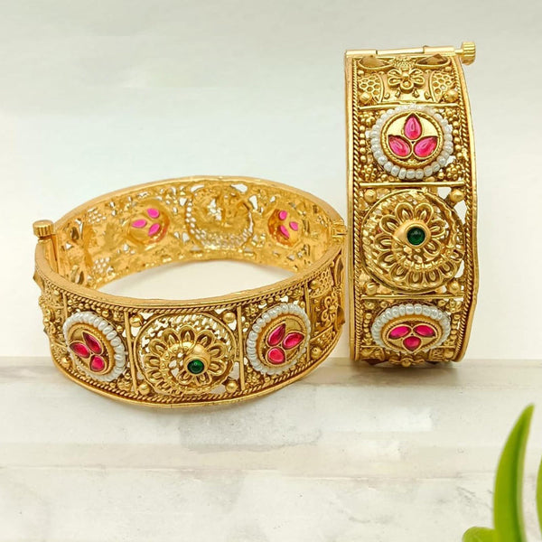 FS Collection Gold Plated Pota Stone And Pearls Openable Bangle Set