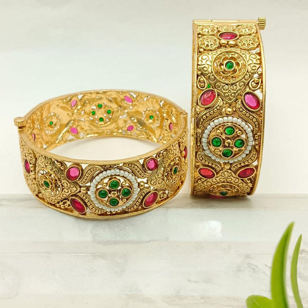 FS Collection Gold Plated Pota Stone And Pearls Openable Bangle Set