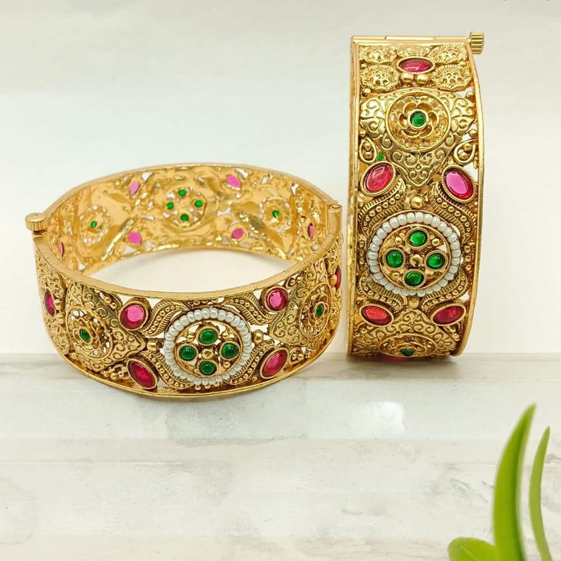 FS Collection Gold Plated Pota Stone And Pearls Openable Bangle Set