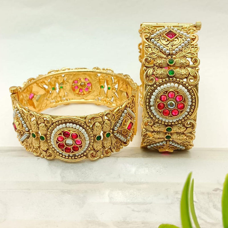 FS Collection Gold Plated Pota Stone And Pearls Openable Bangle Set