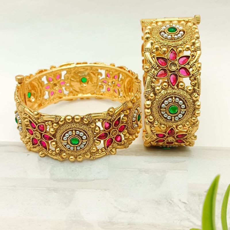 FS Collection Gold Plated Pota Stone And Pearls Openable Bangle Set