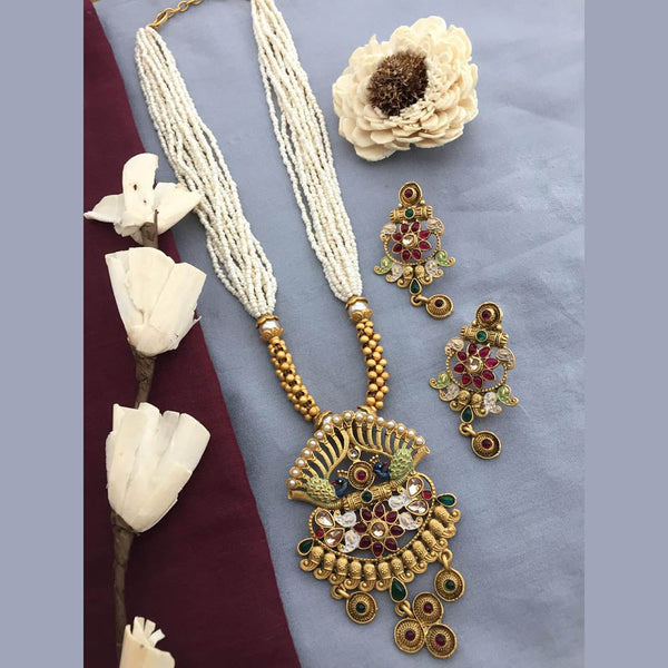 FS Collection Gold Plated Kundan Stone And Pearls Long Necklace Set