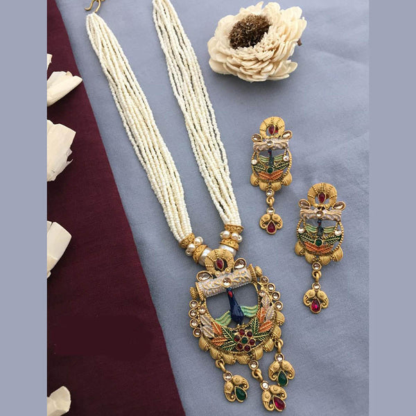 FS Collection Gold Plated Kundan Stone And Pearls Long Necklace Set