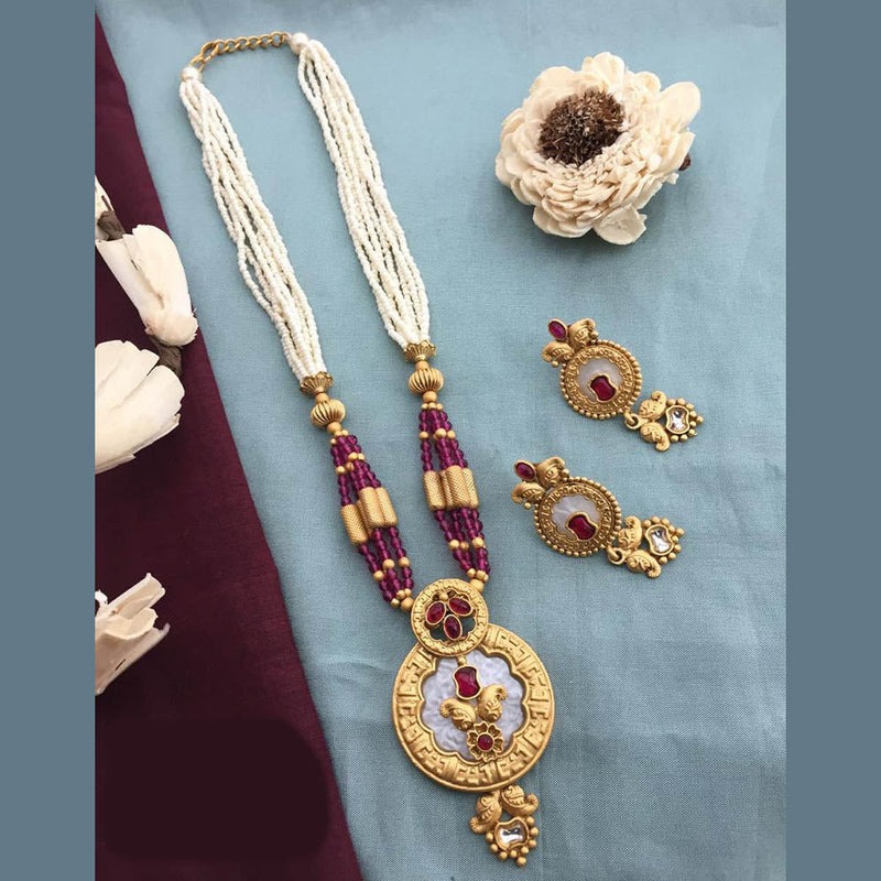 FS Collection Gold Plated Kundan Stone And Pearls Long Necklace Set