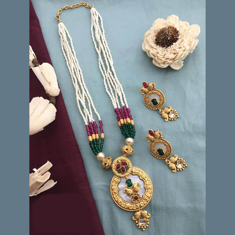 FS Collection Gold Plated Kundan Stone And Pearls Long Necklace Set