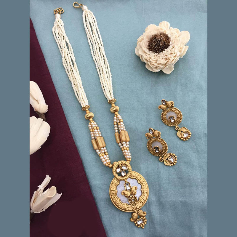 FS Collection Gold Plated Kundan Stone And Pearls Long Necklace Set