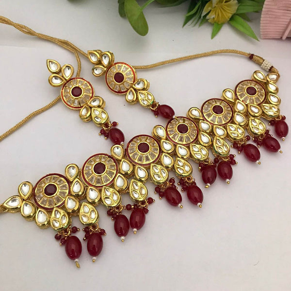 FS Collection Gold Plated Kundan Stone And Pearls Choker Necklace Set