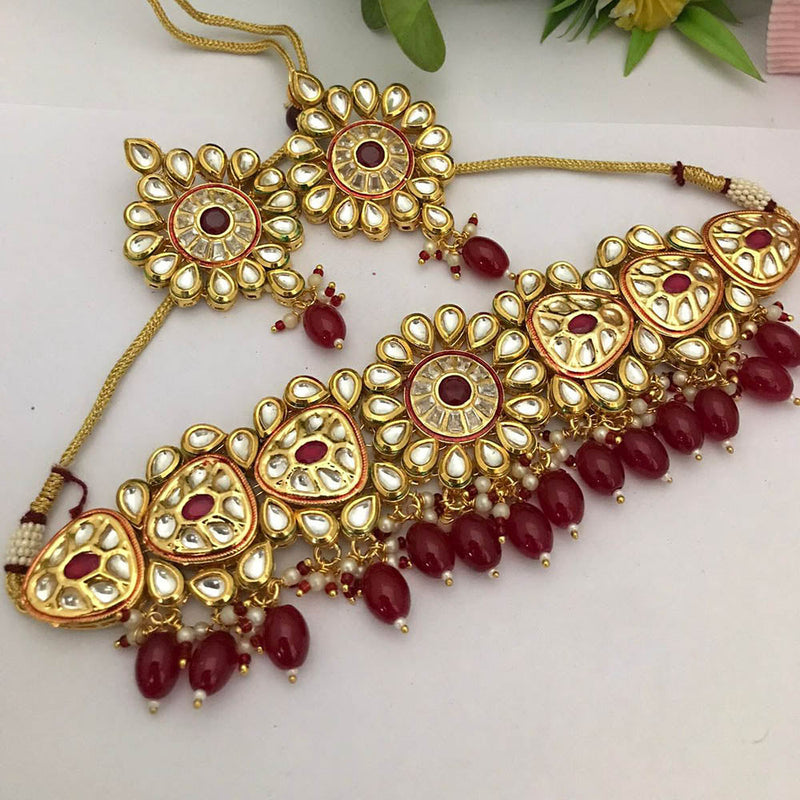 FS Collection Gold Plated Kundan Stone And Pearls Choker Necklace Set