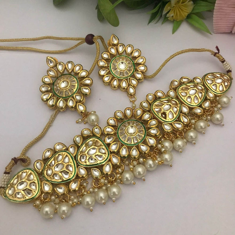 FS Collection Gold Plated Kundan Stone And Pearls Choker Necklace Set