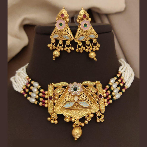 FS Collection Gold Plated Pota Stone And Meenakari Pearls Choker Necklace Set