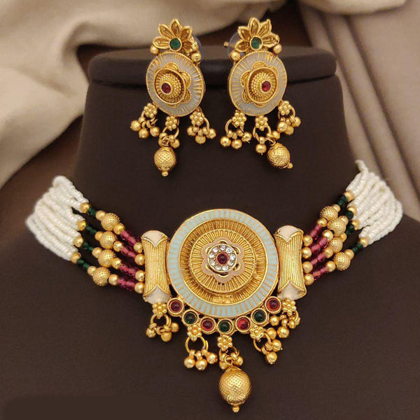 FS Collection Gold Plated Pota Stone And Meenakari Pearls Choker Necklace Set