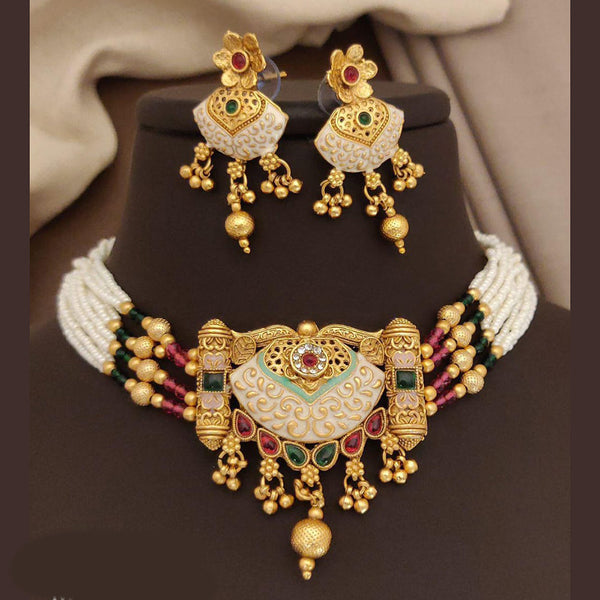 FS Collection Gold Plated Pota Stone And Meenakari Pearls Choker Necklace Set