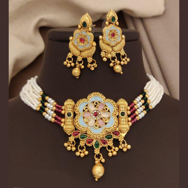 FS Collection Gold Plated Pota Stone And Meenakari Pearls Choker Necklace Set