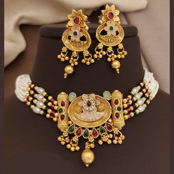 FS Collection Gold Plated Pota Stone And Meenakari Pearls Choker Necklace Set