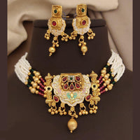 FS Collection Gold Plated Pota Stone And Meenakari Pearls Choker Necklace Set