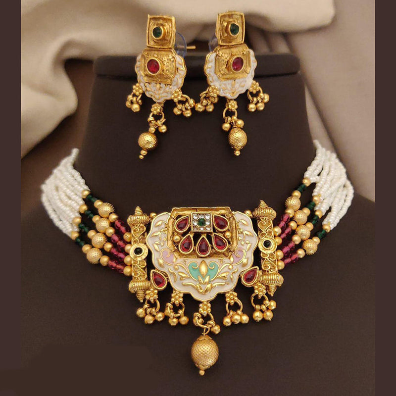 FS Collection Gold Plated Pota Stone And Meenakari Pearls Choker Necklace Set