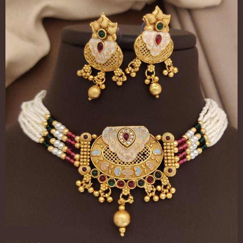 FS Collection Gold Plated Pota Stone And Meenakari Pearls Choker Necklace Set