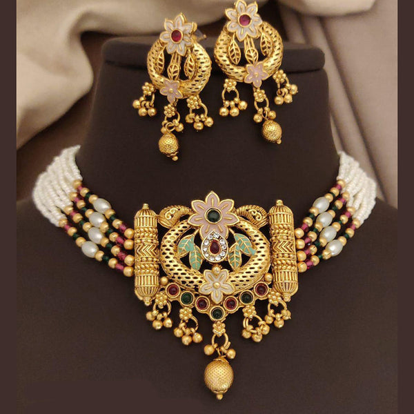 FS Collection Gold Plated Pota Stone And Meenakari Pearls Choker Necklace Set