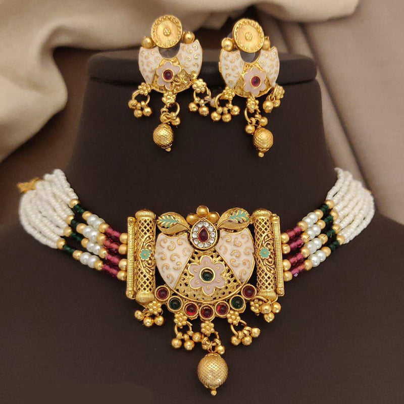 FS Collection Gold Plated Pota Stone And Meenakari Pearls Choker Necklace Set