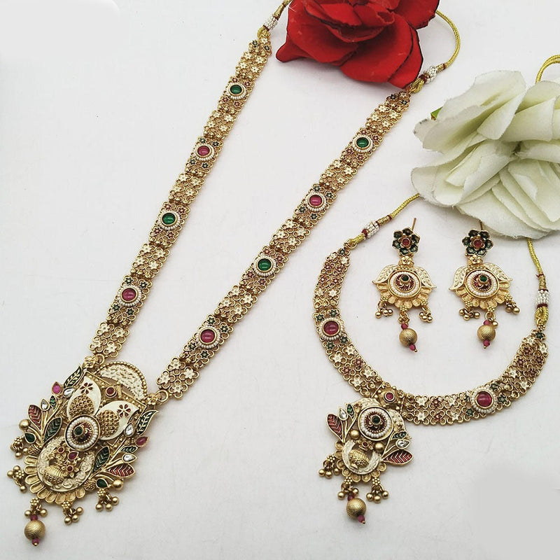 FS Collection Gold Plated Pota Stone Double Meenakari Necklace Set