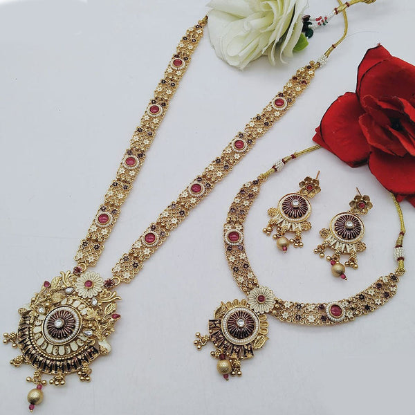 FS Collection Gold Plated Pota Stone Double Meenakari Necklace Set