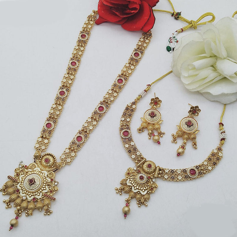 FS Collection Gold Plated Pota Stone Double Meenakari Necklace Set