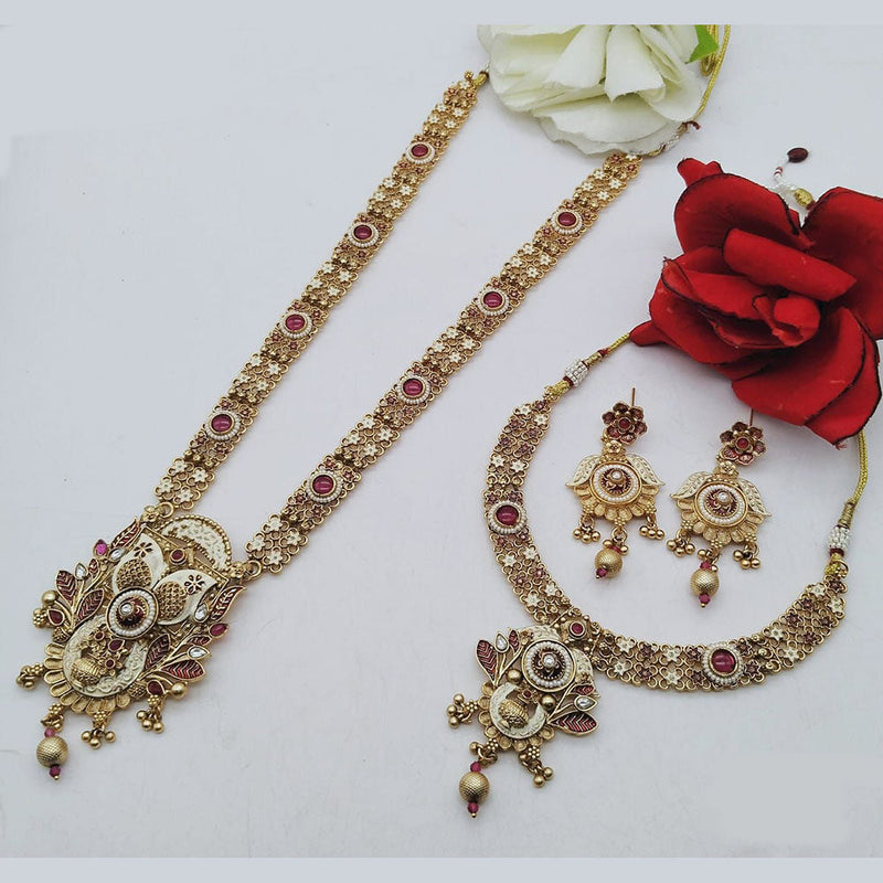 FS Collection Gold Plated Pota Stone Double Meenakari Necklace Set