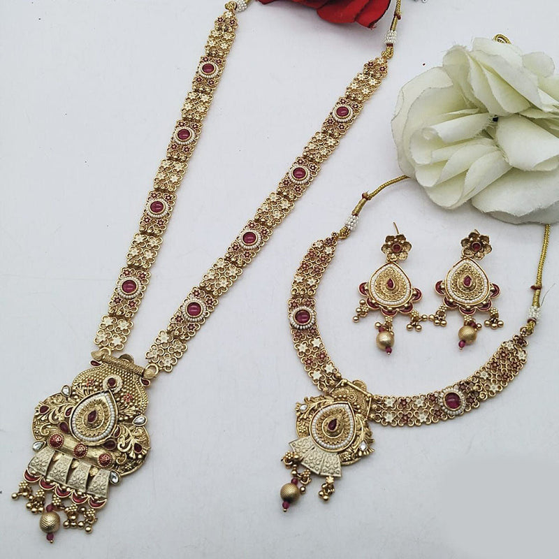 FS Collection Gold Plated Pota Stone Double Meenakari Necklace Set